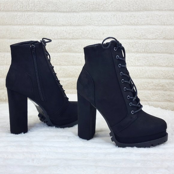 Vivian Black Faux Suede Chunky Heel Platform Ankle Boots - Picture 4 of 14